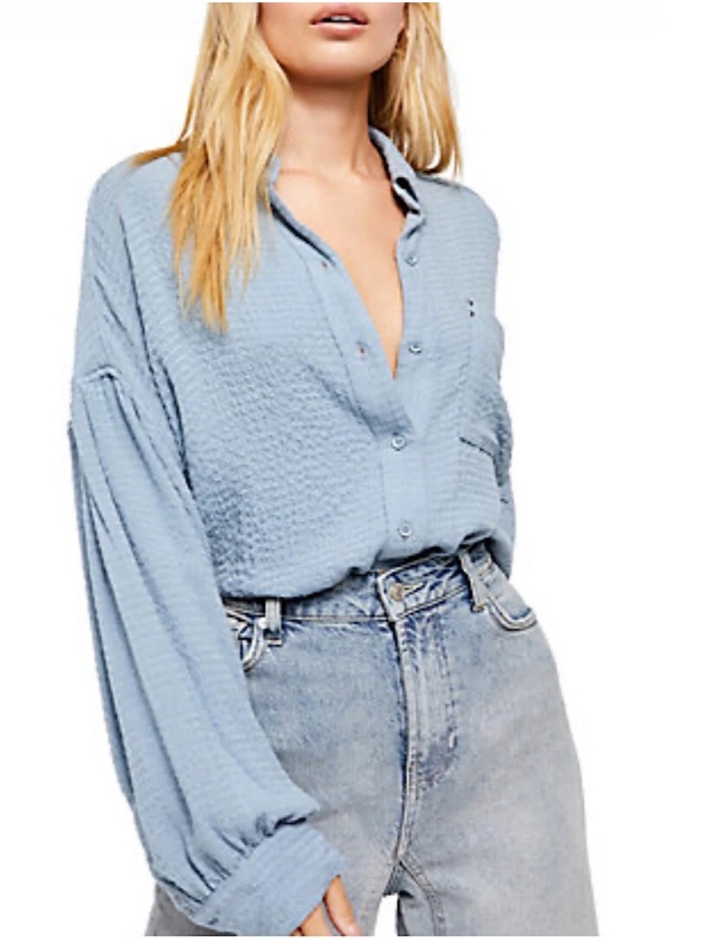 Free People We the free Light Blue Textured gauze Button-Down Women's Top